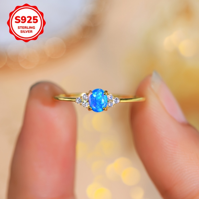 Women's 925 Sterling Silver Golden Plated Retro Style Round Opal Engagement Ring